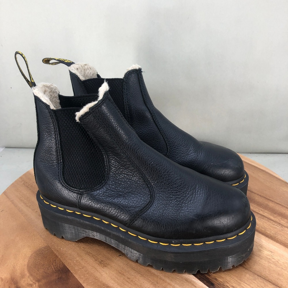 Dr Martens 2976 Quad FL Black Leather Fleece Lined Chelsea Platform Boot Women 7